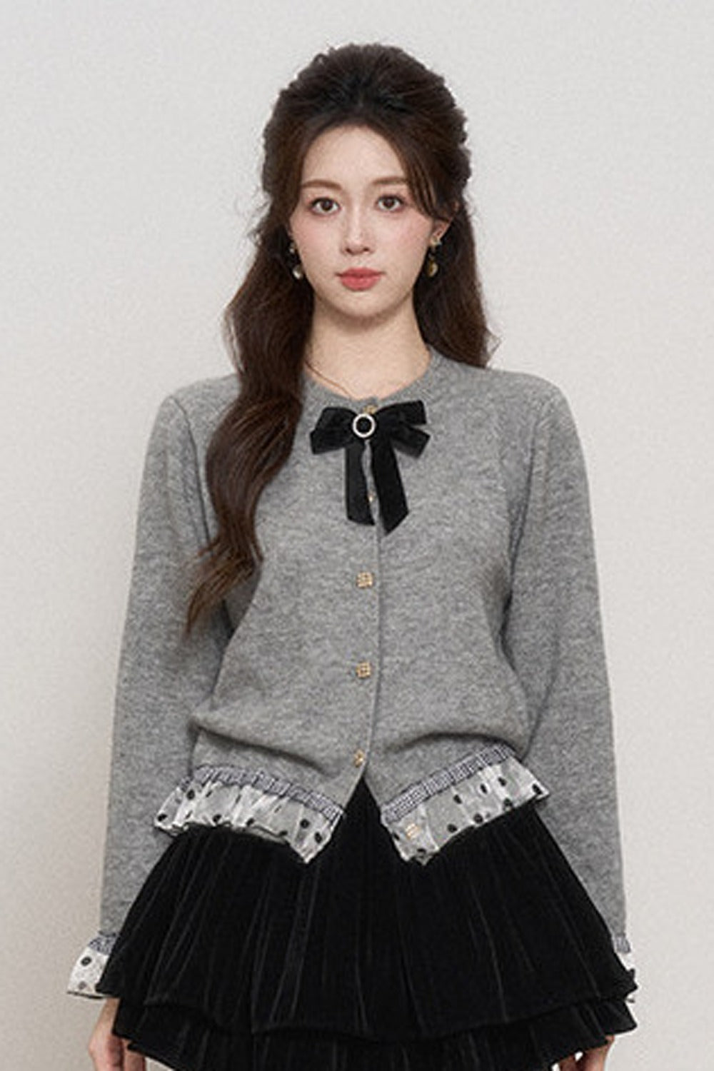 Gray Mesh Spliced Cardigan