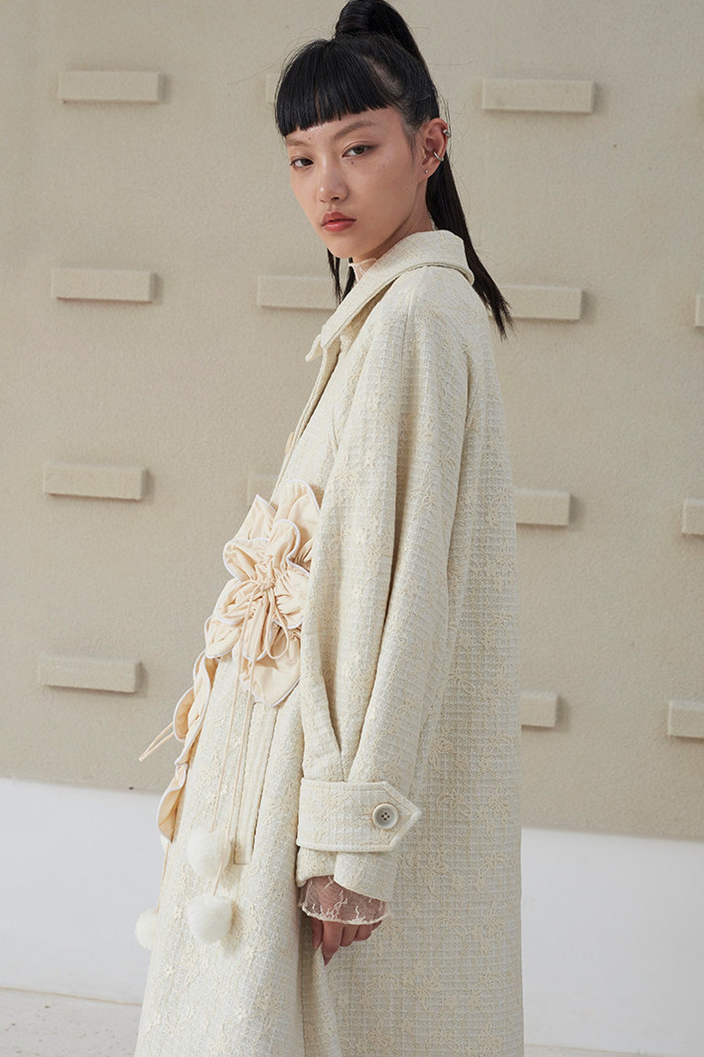 Floral Pleated Wool Coat