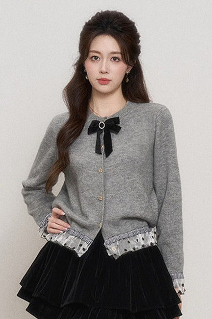 Gray Mesh Spliced Cardigan