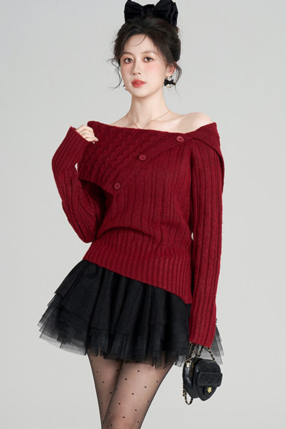 Off-Shoulder Knit Top and Skirt Set-Up