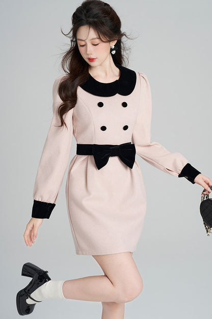 Pink Woolen Cinched Waist Dress