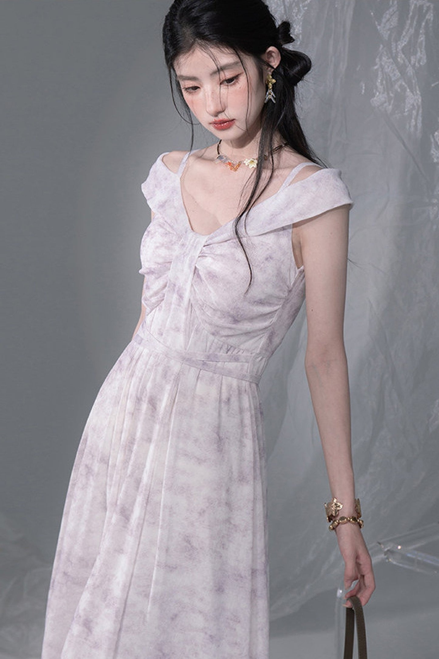 Cloud Smoke Purple Bow Tie Dress