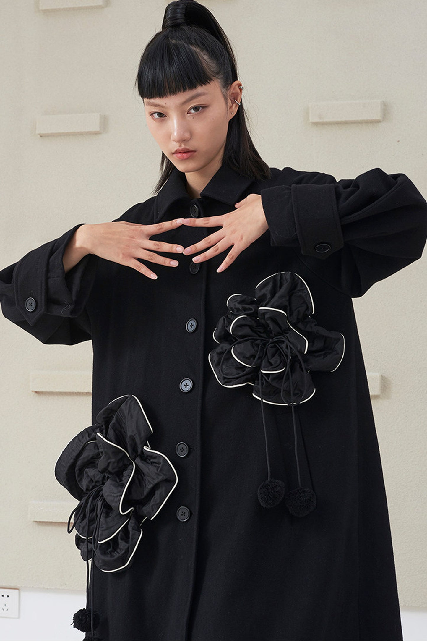 Floral Pleated Wool Coat
