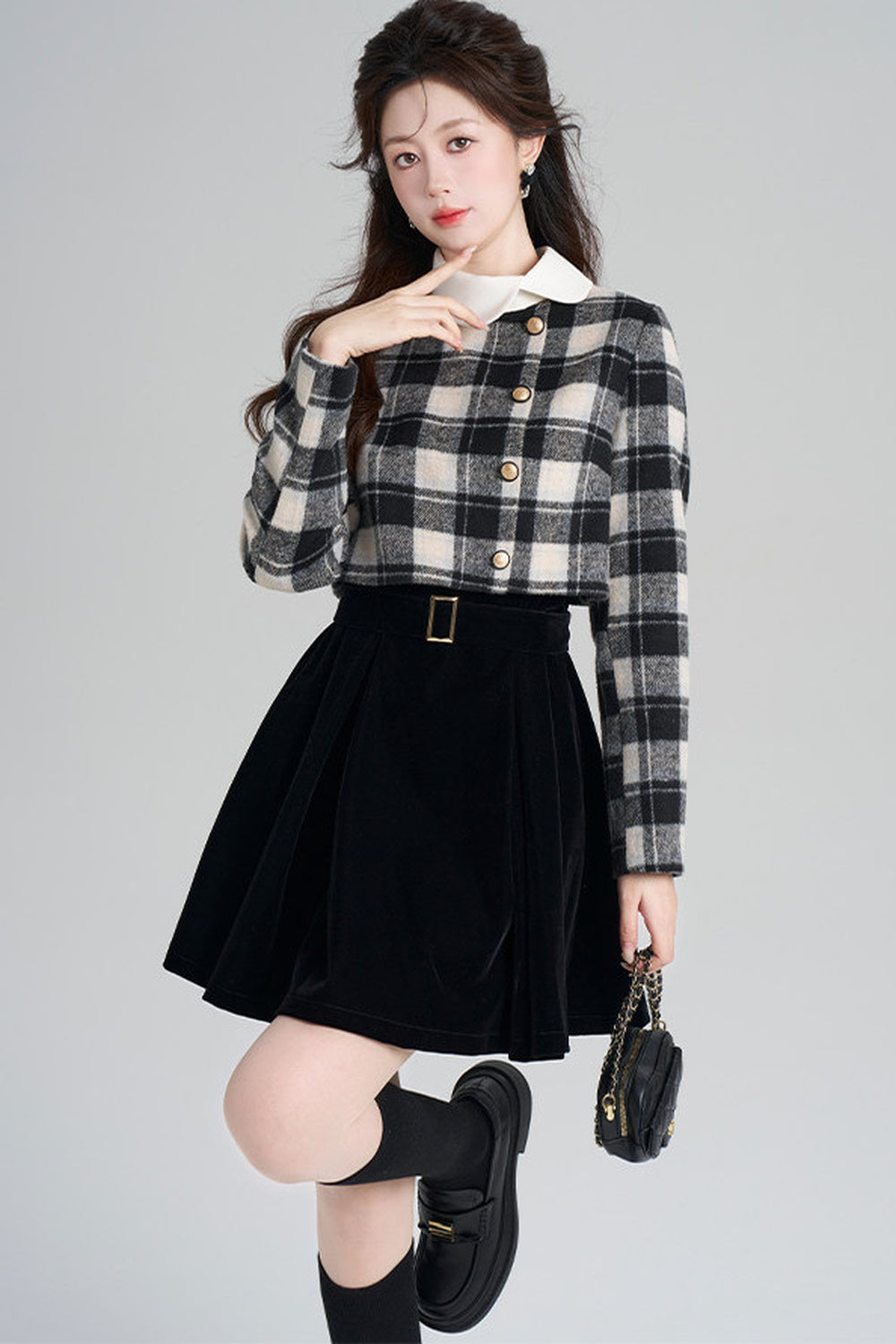 Layered-Look Plaid Velvet A-Line Dress
