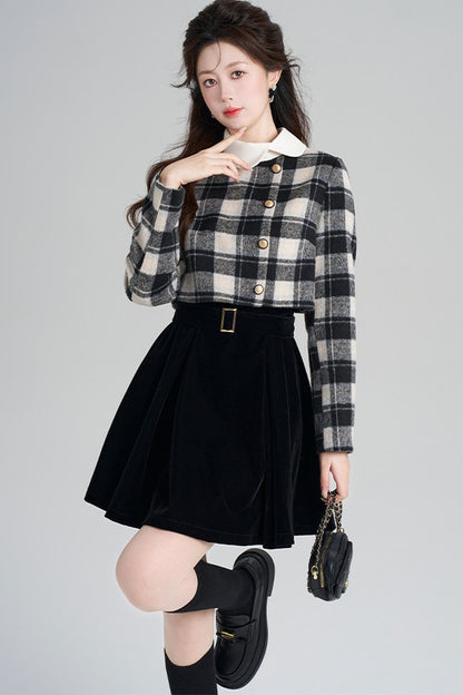 Layered-Look Plaid Velvet A-Line Dress