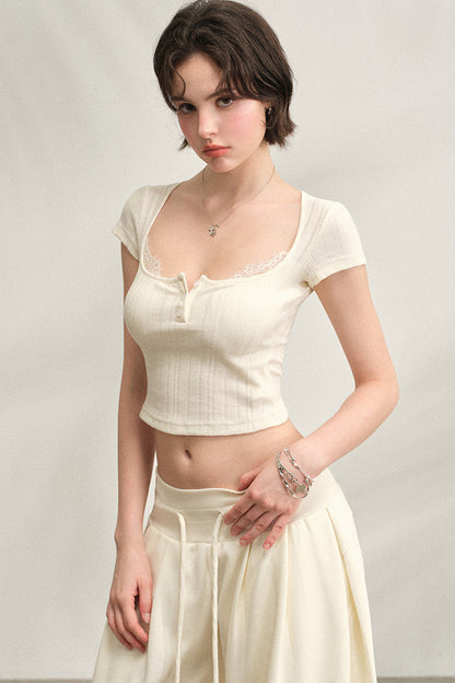 Square Neck Ribbed Lace Top