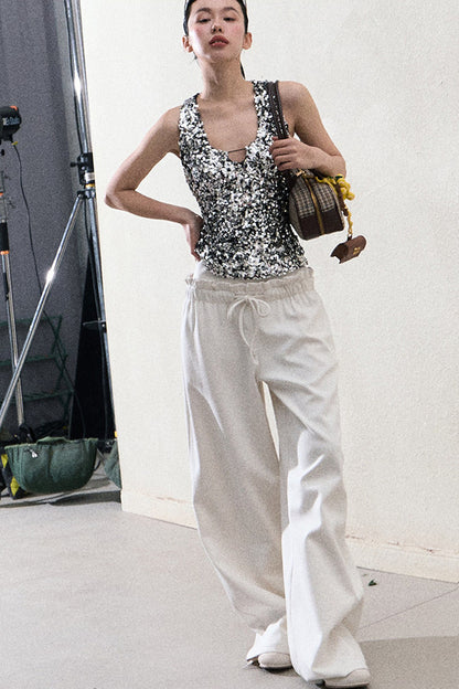Liquid Cotton Ruffle Wide-Leg Pants