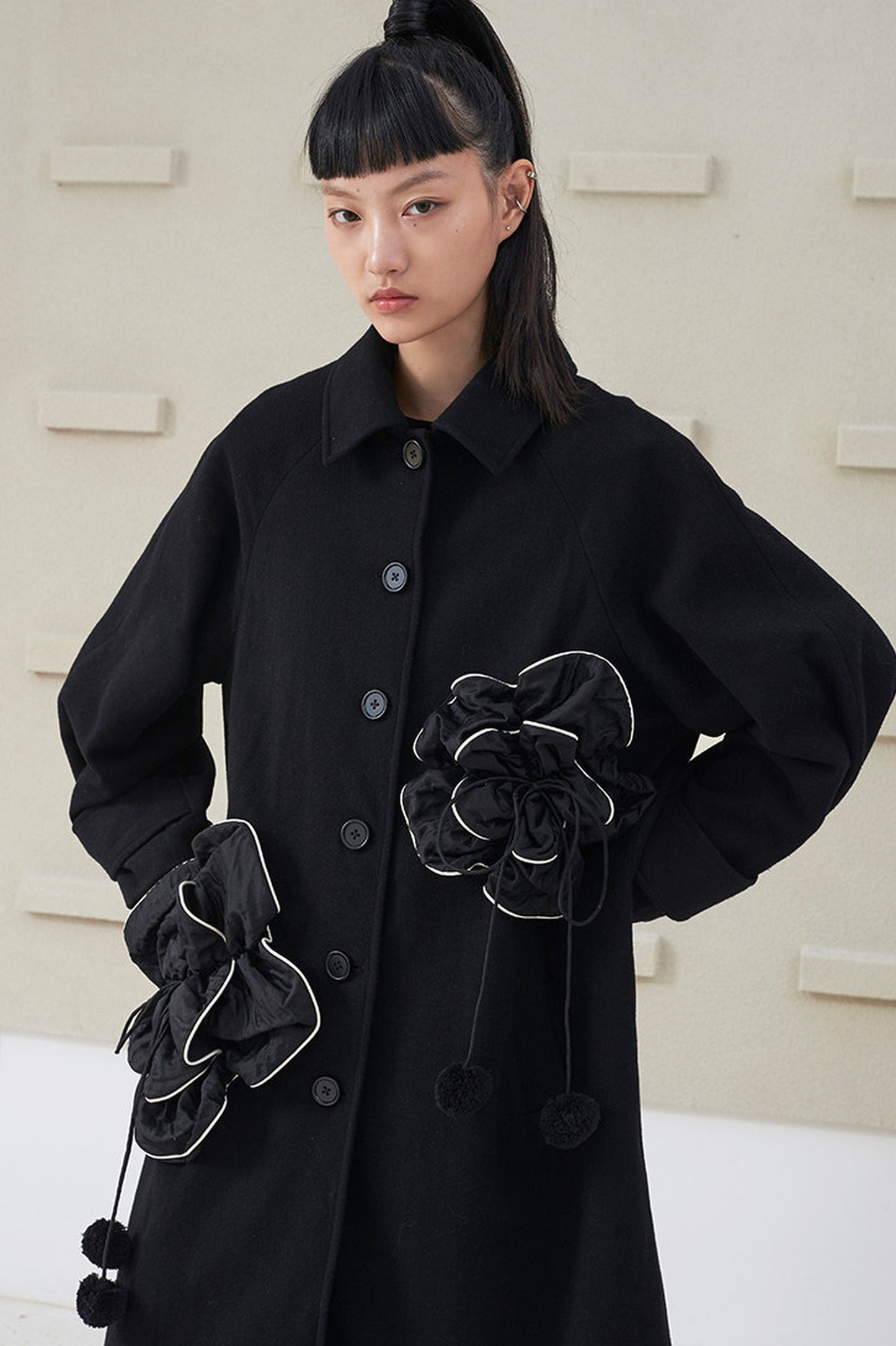 Floral Pleated Wool Coat