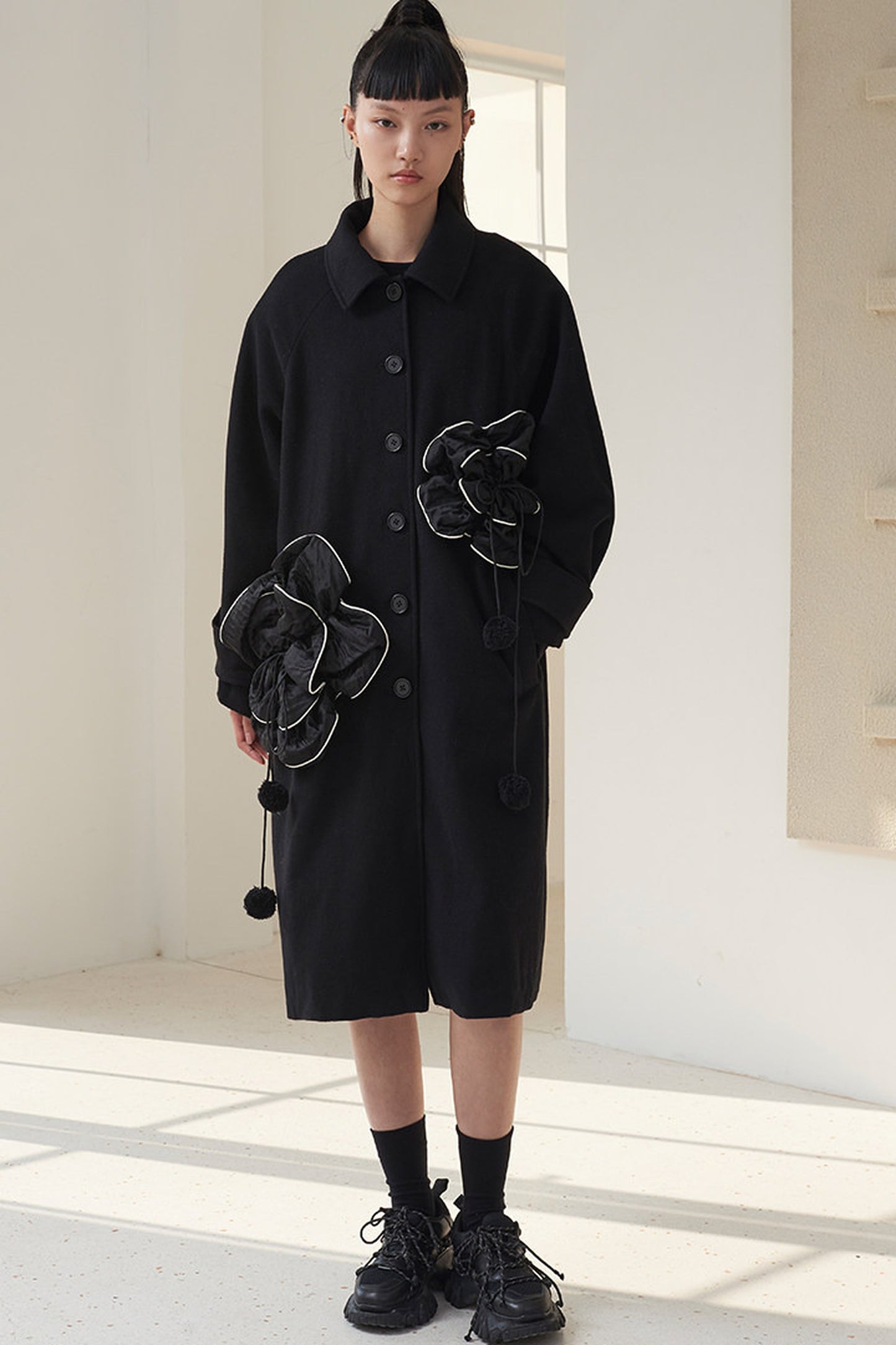 Floral Pleated Wool Coat