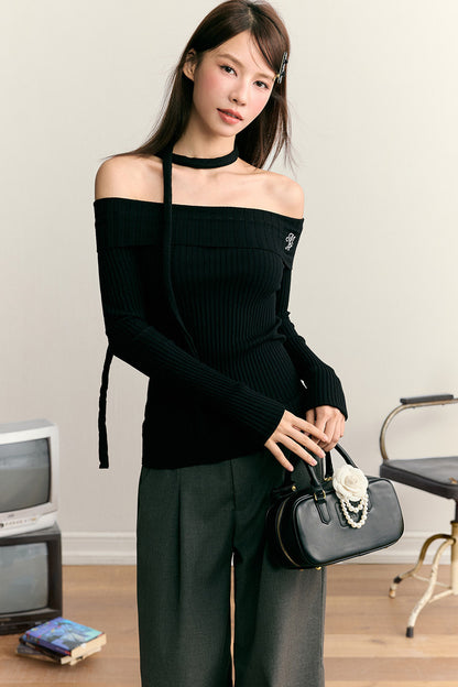 One-Shoulder-Strickpullover mit langen Ärmeln