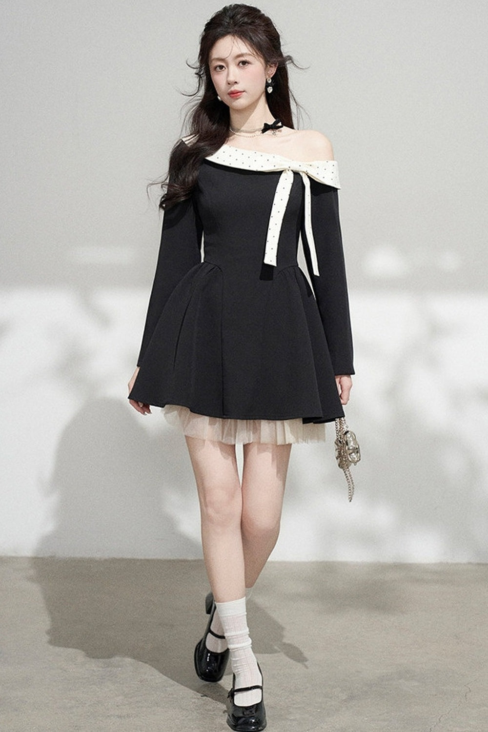 Black Off-Shoulder Mesh Dress