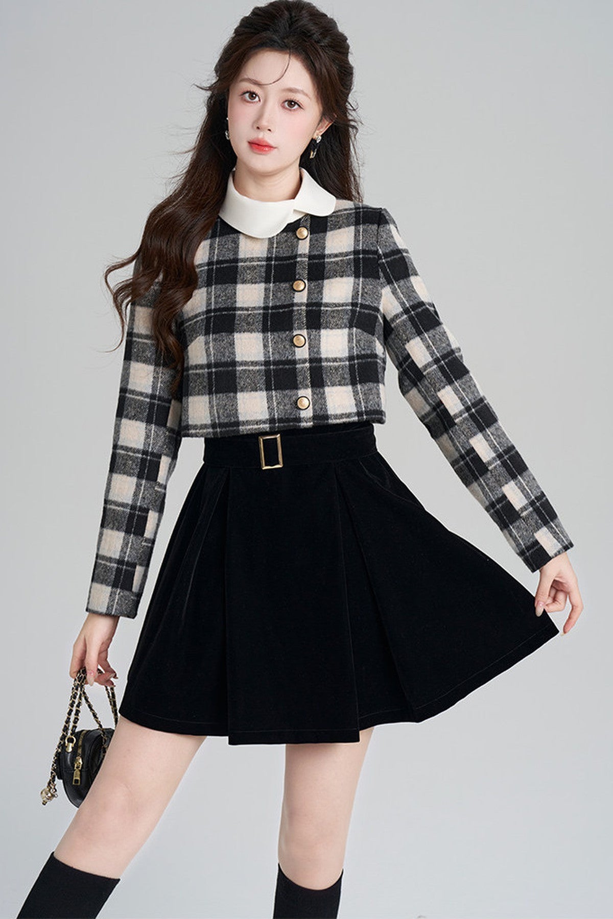 Layered-Look Plaid Velvet A-Line Dress
