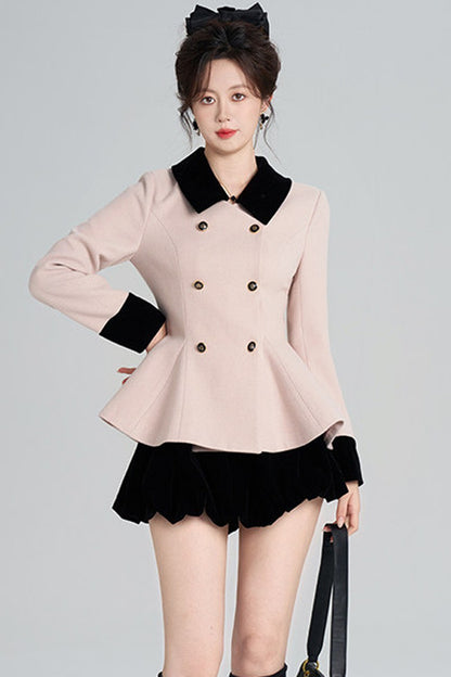 Pink Woolen Coat and Black Skirt Set-Up