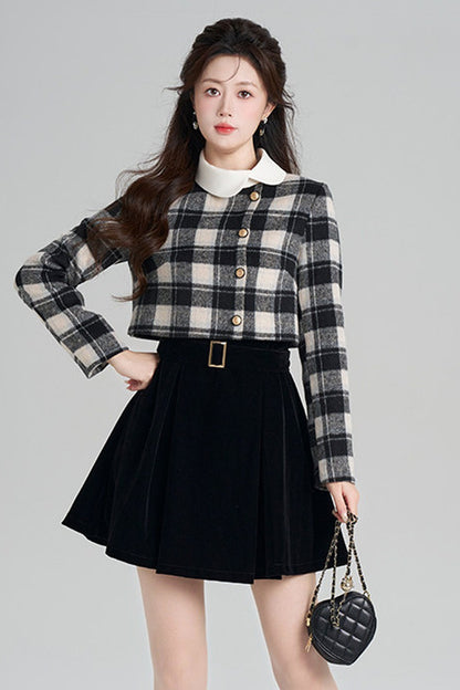 Layered-Look Plaid Velvet A-Line Dress