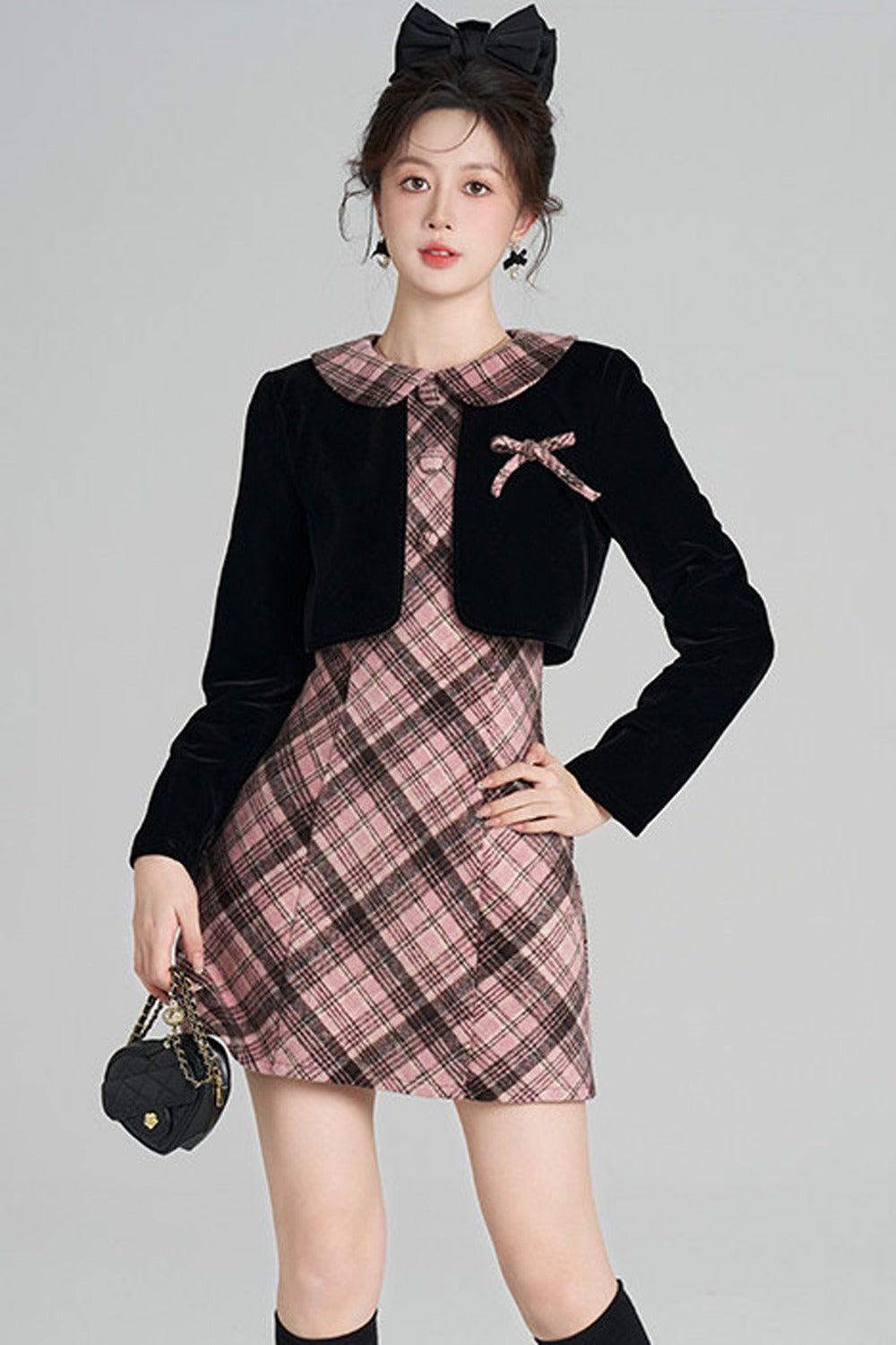 Layered-Look A-Line Plaid Dress