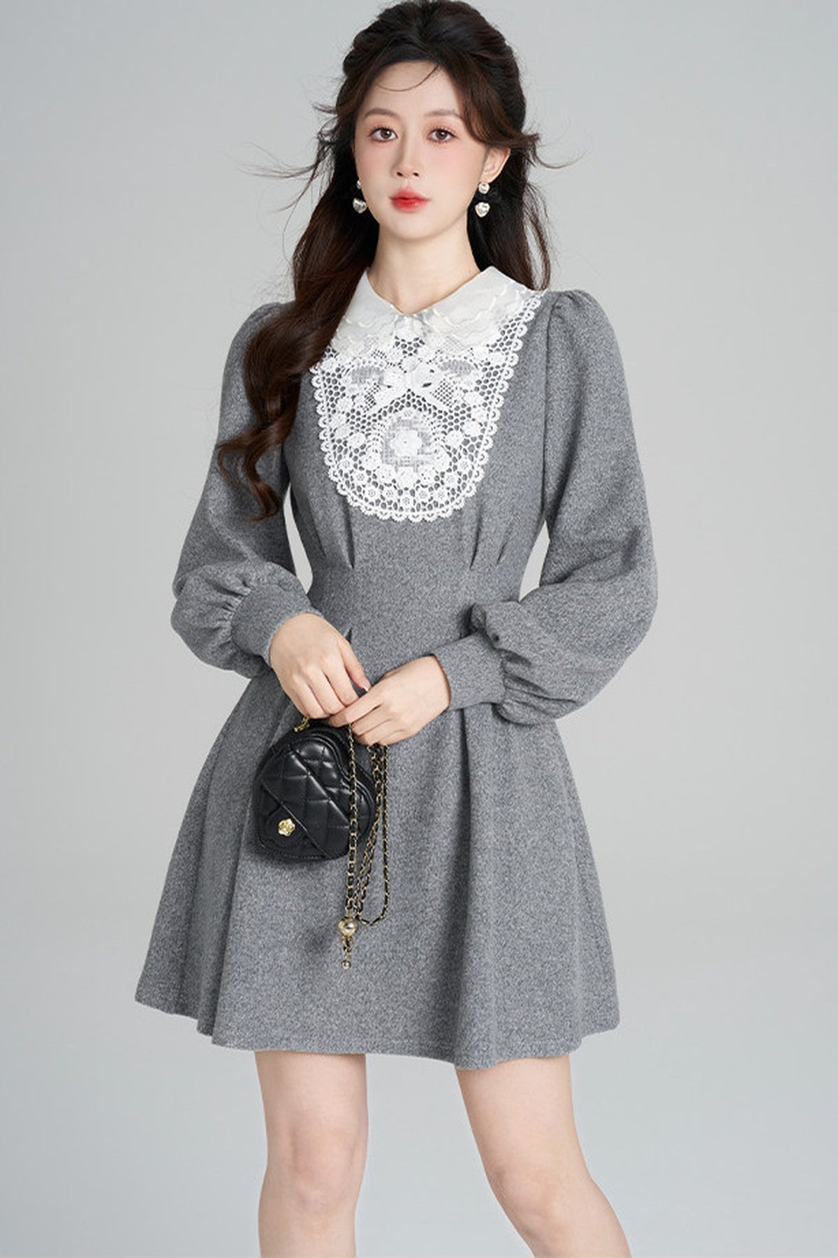 Lace Patchwork Puff Sleeve Dress