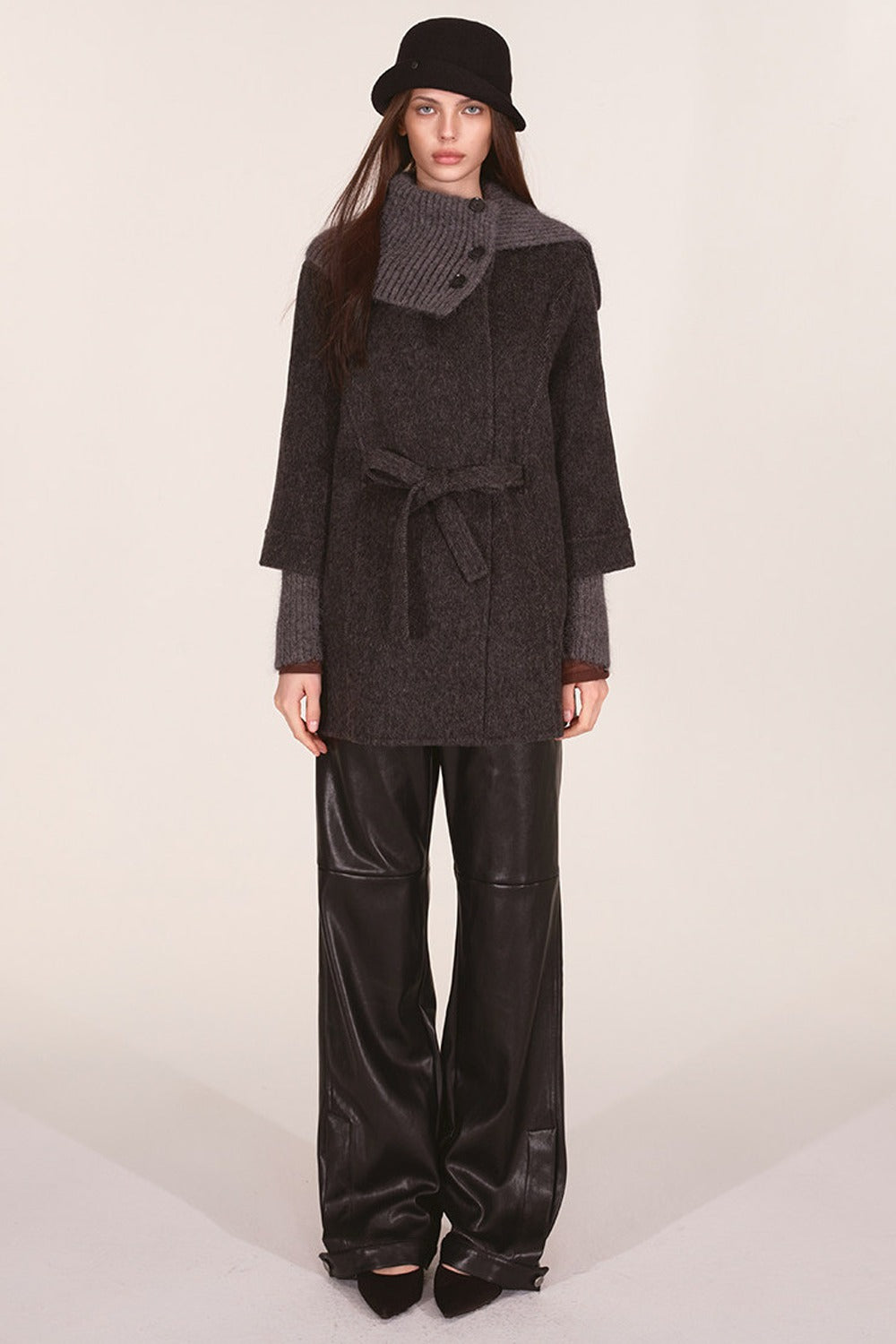 Asymmetrical Knit Collar Tie-Up Wool Coat