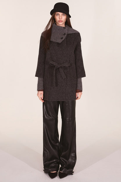 Asymmetrical Knit Collar Tie-Up Wool Coat