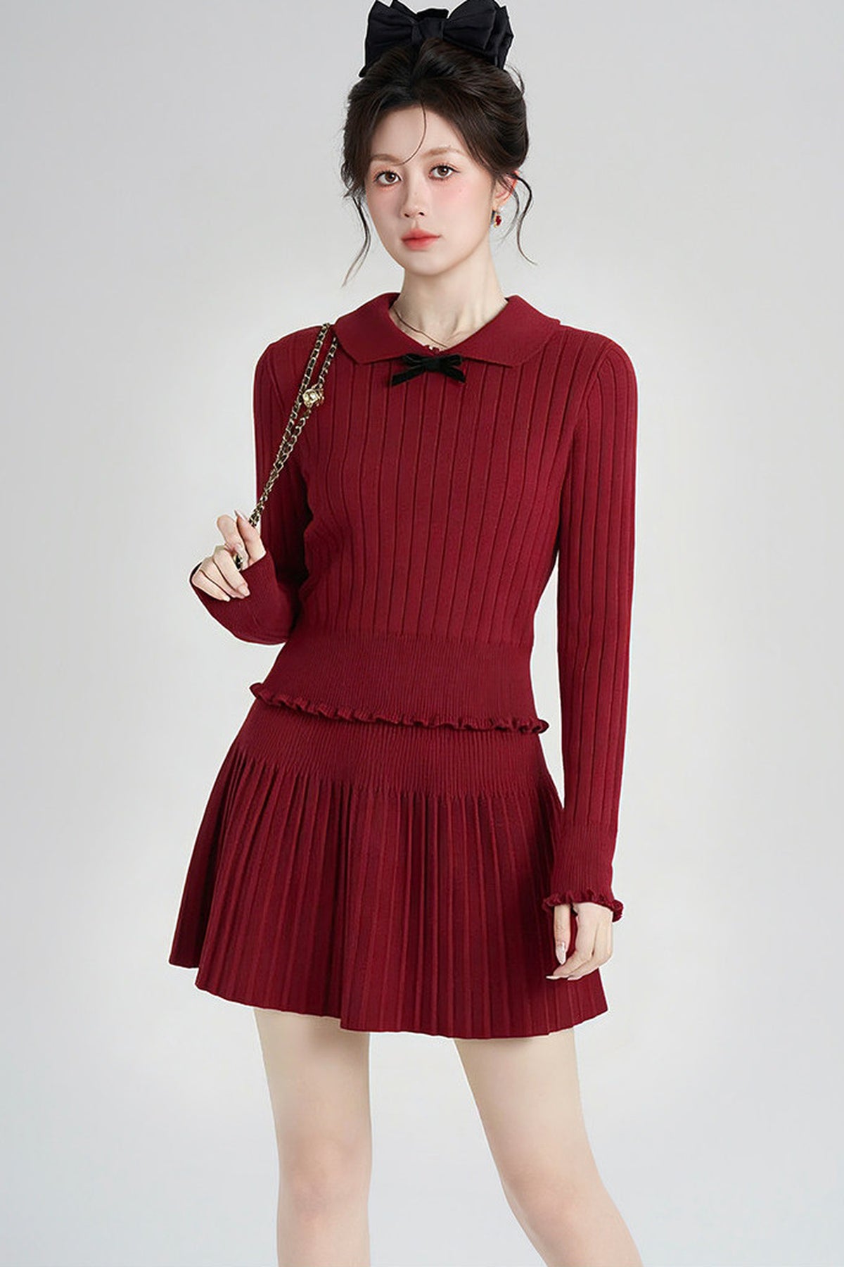 Red Knit Top and Pleated Skirt Set