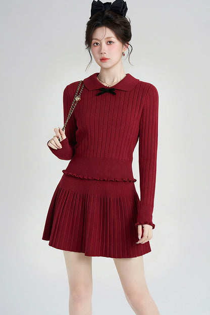 Red Knit Top and Pleated Skirt Set