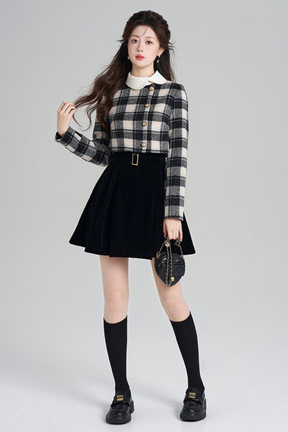 Layered-Look Plaid Velvet A-Line Dress