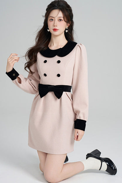 Pink Woolen Cinched Waist Dress
