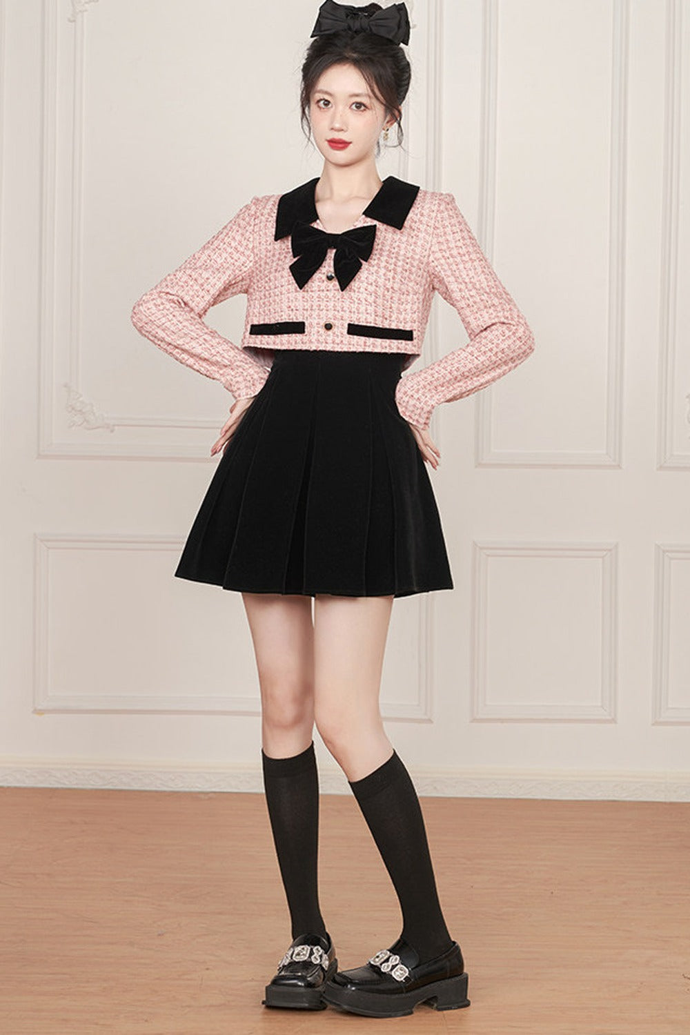 Pink Bow Layered-Look Tweed Dress