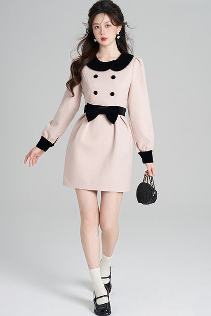 Pink Woolen Cinched Waist Dress