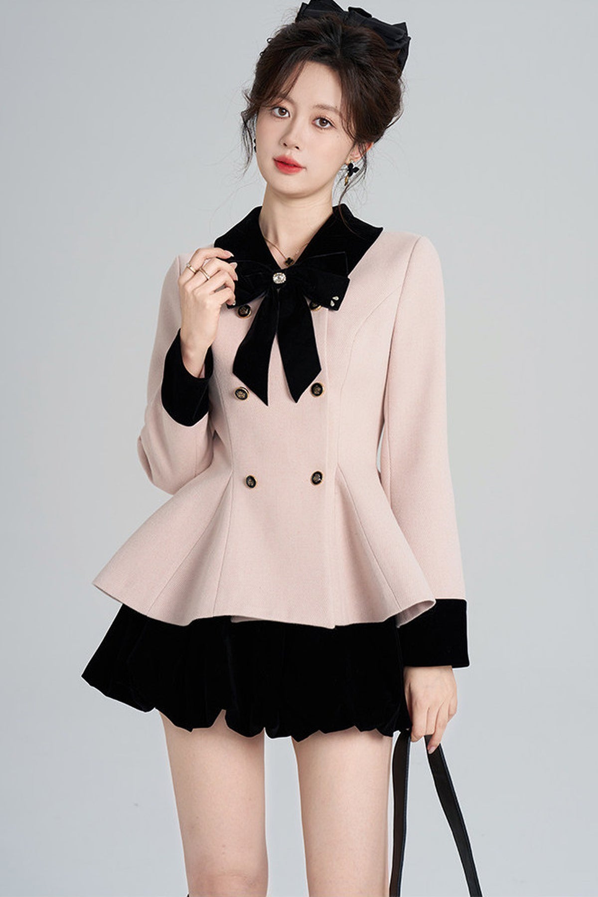 Pink Woolen Coat and Black Skirt Set-Up