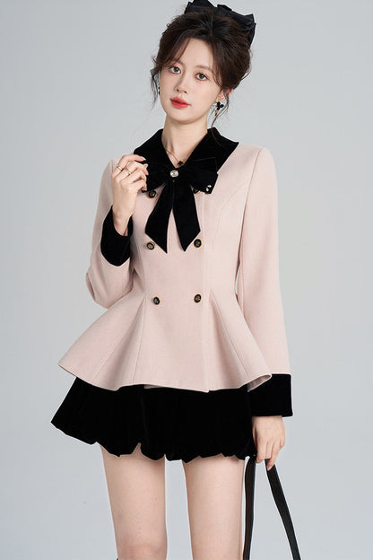 Pink Woolen Coat and Black Skirt Set-Up