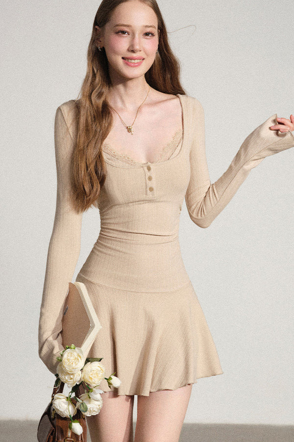 Layered-Look Square Neck Dress