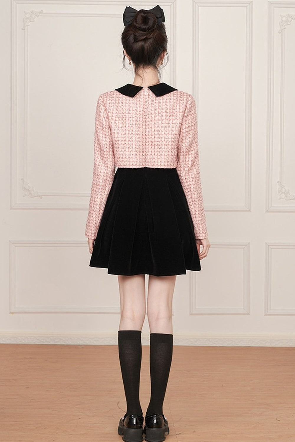 Pink Bow Layered-Look Tweed Dress