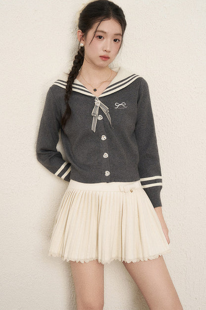 Bow Sailor Collar Knit Cardigan Set-Up