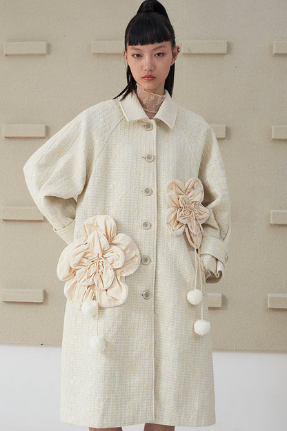 Floral Pleated Wool Coat