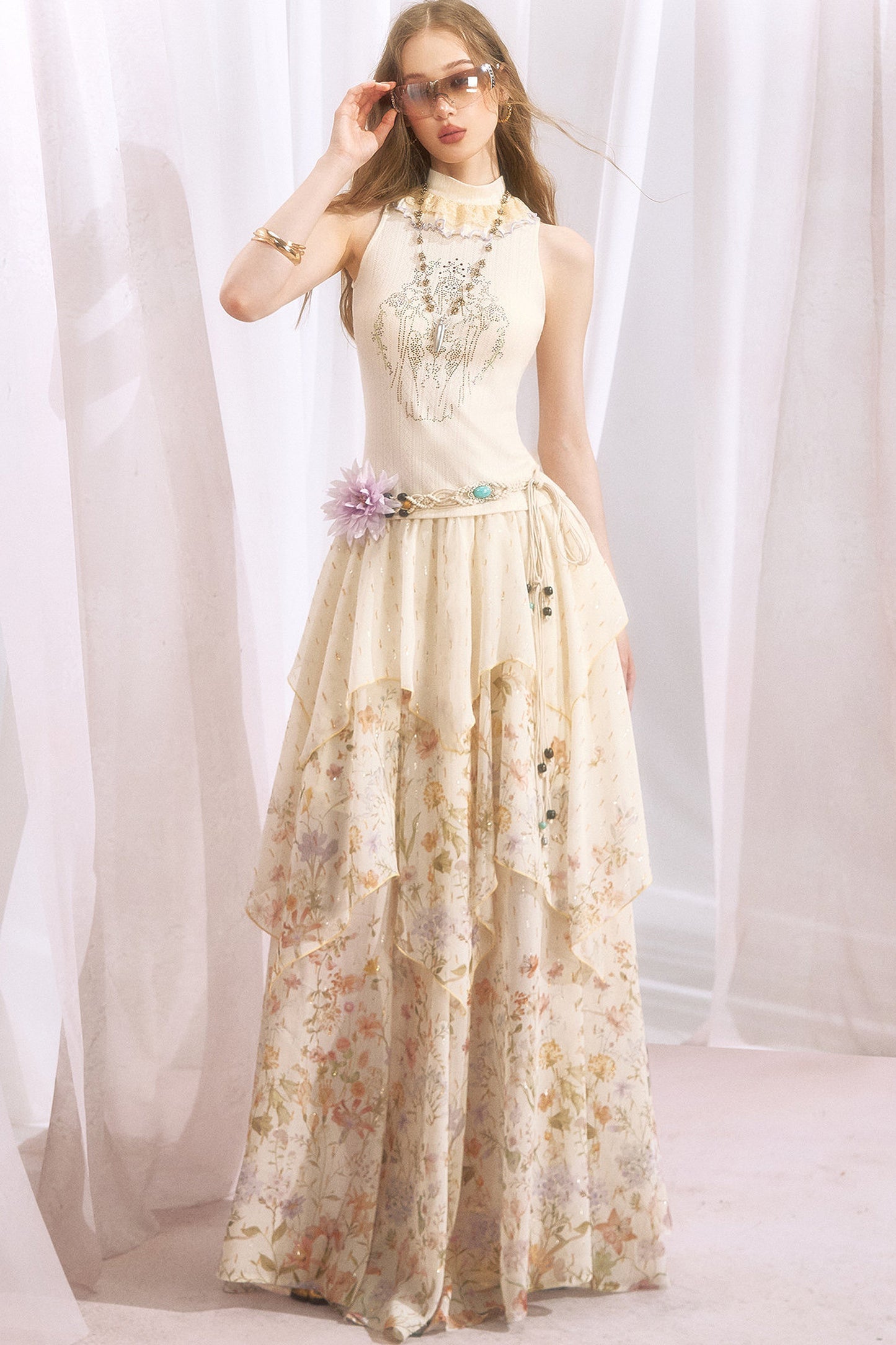 Floral Print Irregular Tiered Chiffon Skirt