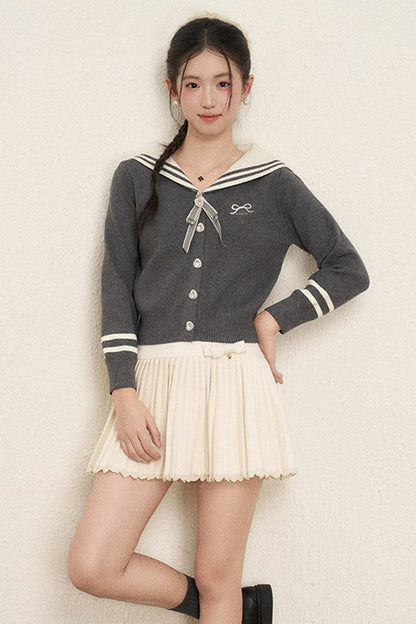 Bow Sailor Collar Knit Cardigan Set-Up