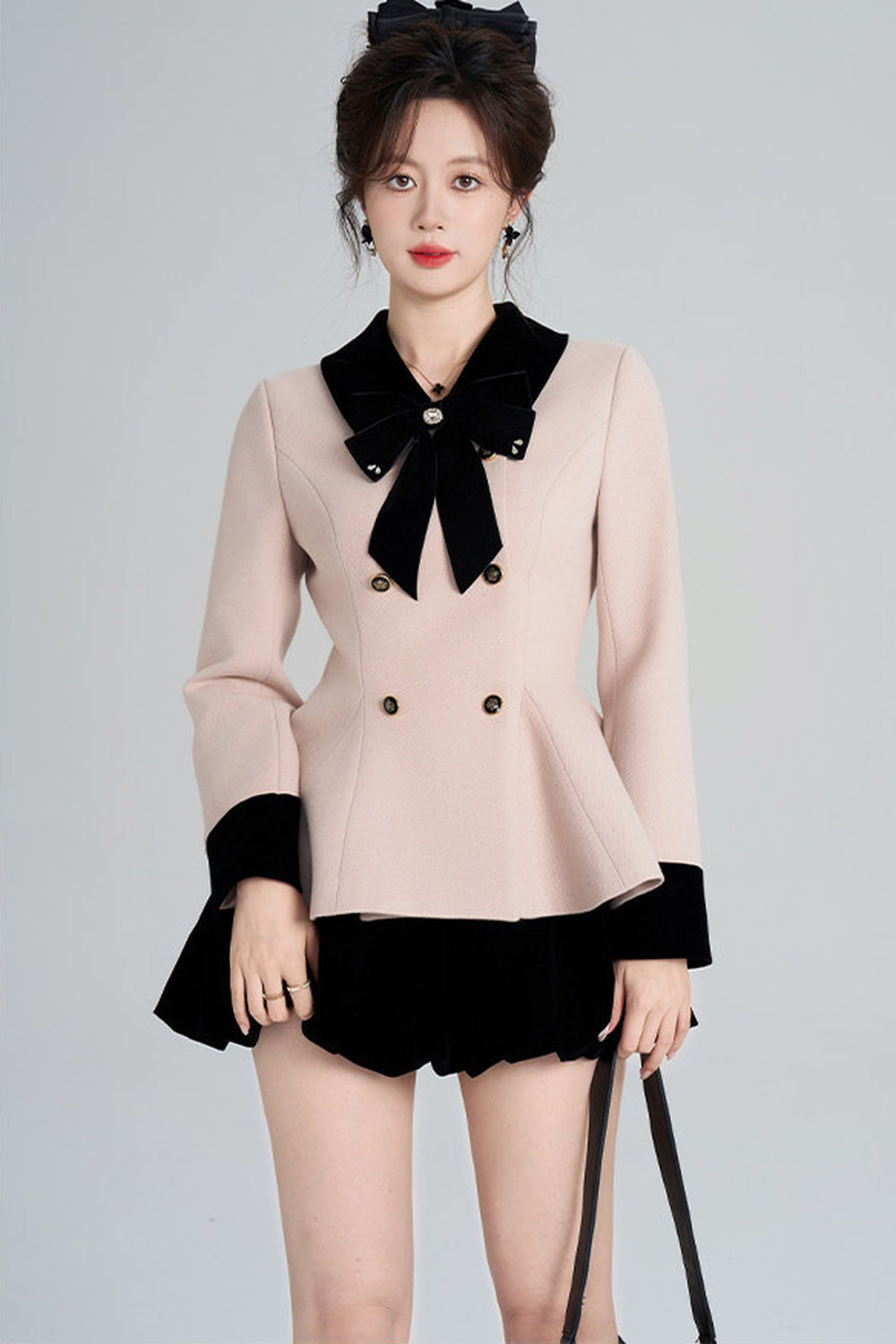 Pink Woolen Coat and Black Skirt Set-Up