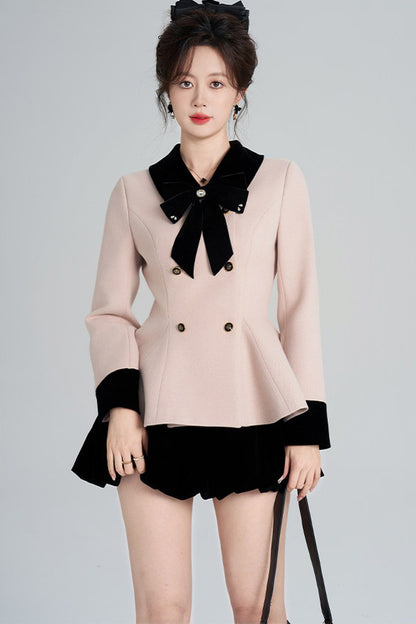 Pink Woolen Coat and Black Skirt Set-Up