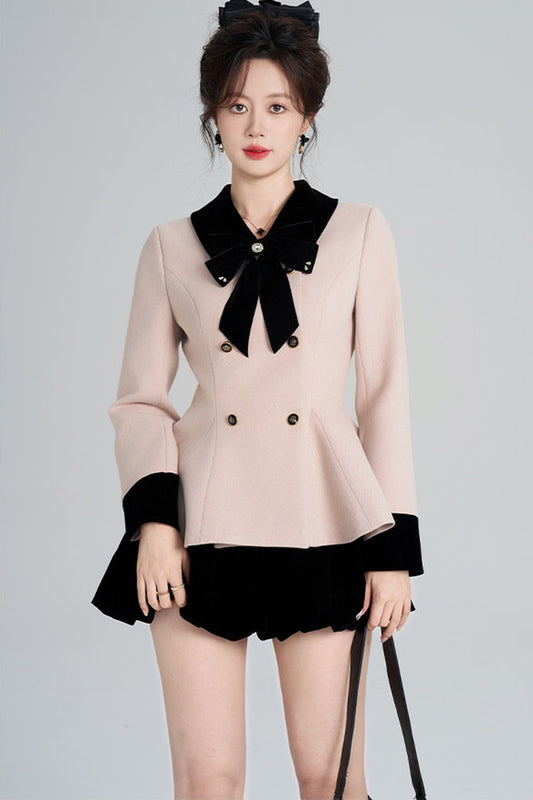 Pink Woolen Coat and Black Skirt Set-Up