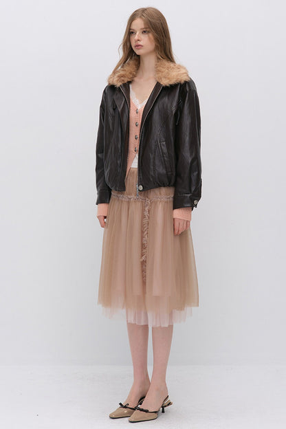 Textured Leopard Fur Collar PU Jacket
