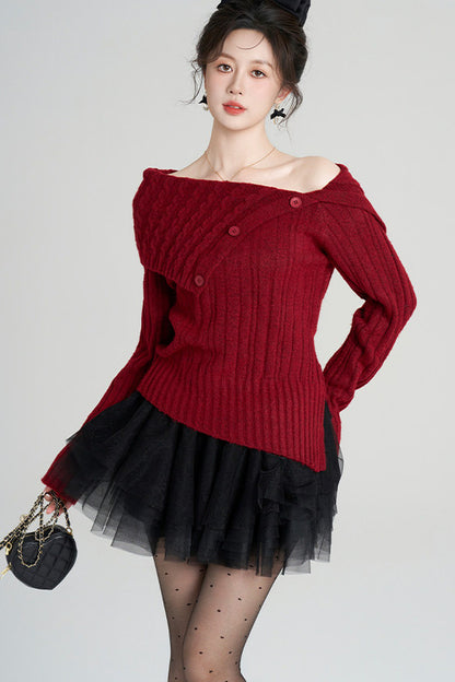 Off-Shoulder Knit Top and Skirt Set-Up