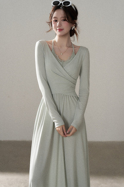 Long Sleeve V-Neck Lace Knit Dress