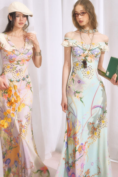 French Retro Off-Shoulder Bodycon Floral Dress