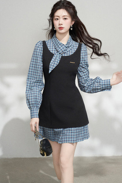 Blue Plaid Layered-Look Dress