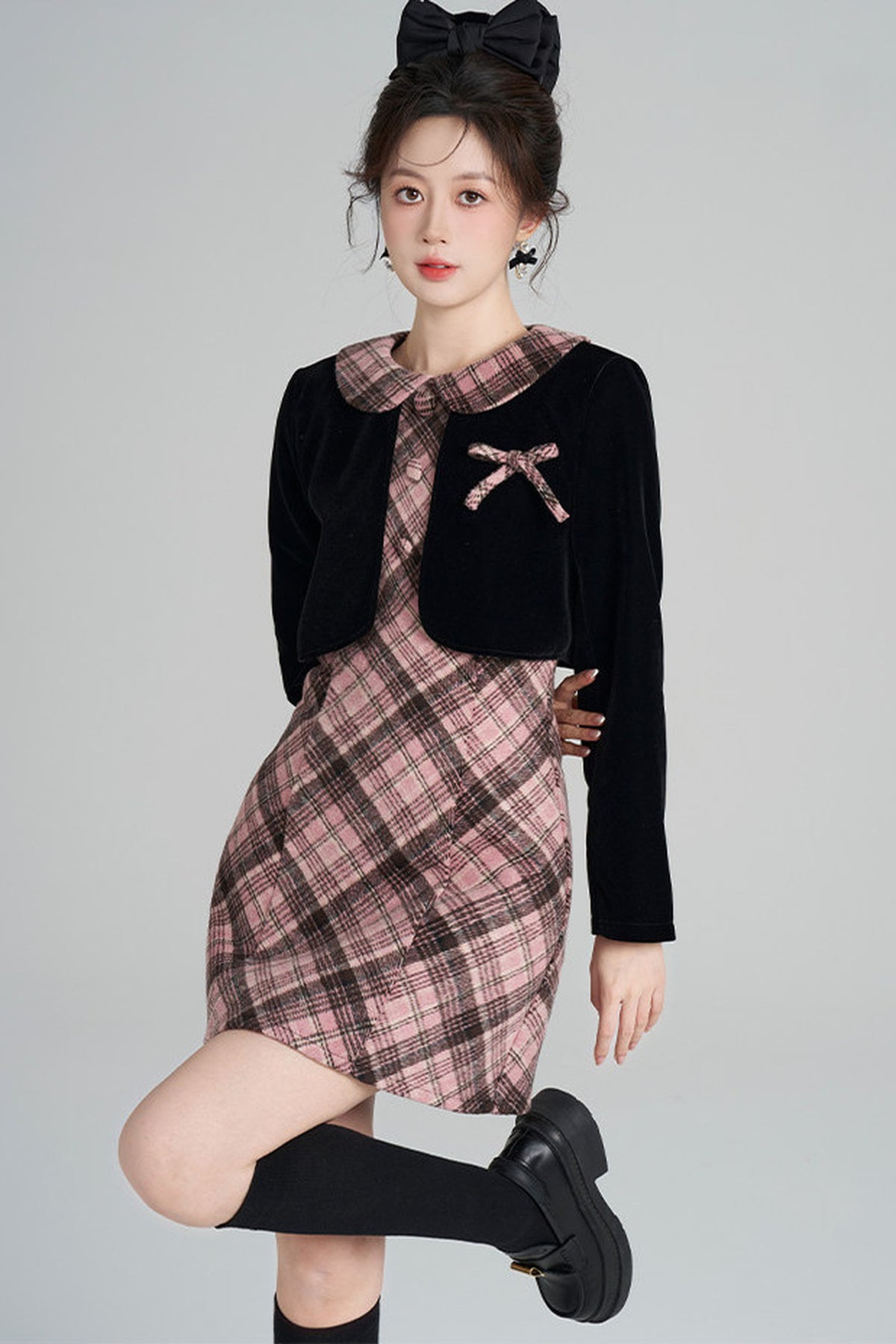 Layered-Look A-Line Plaid Dress