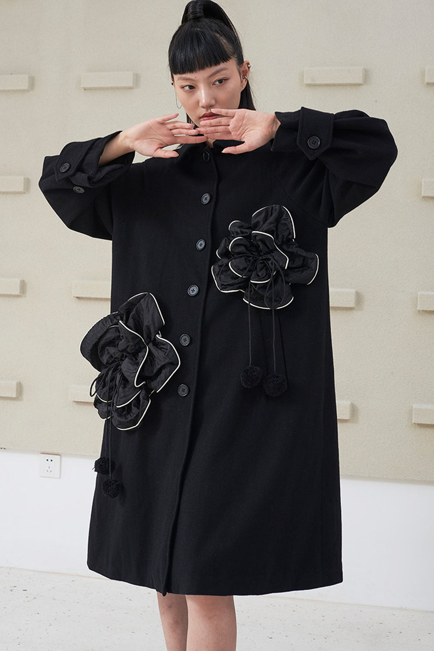 Floral Pleated Wool Coat
