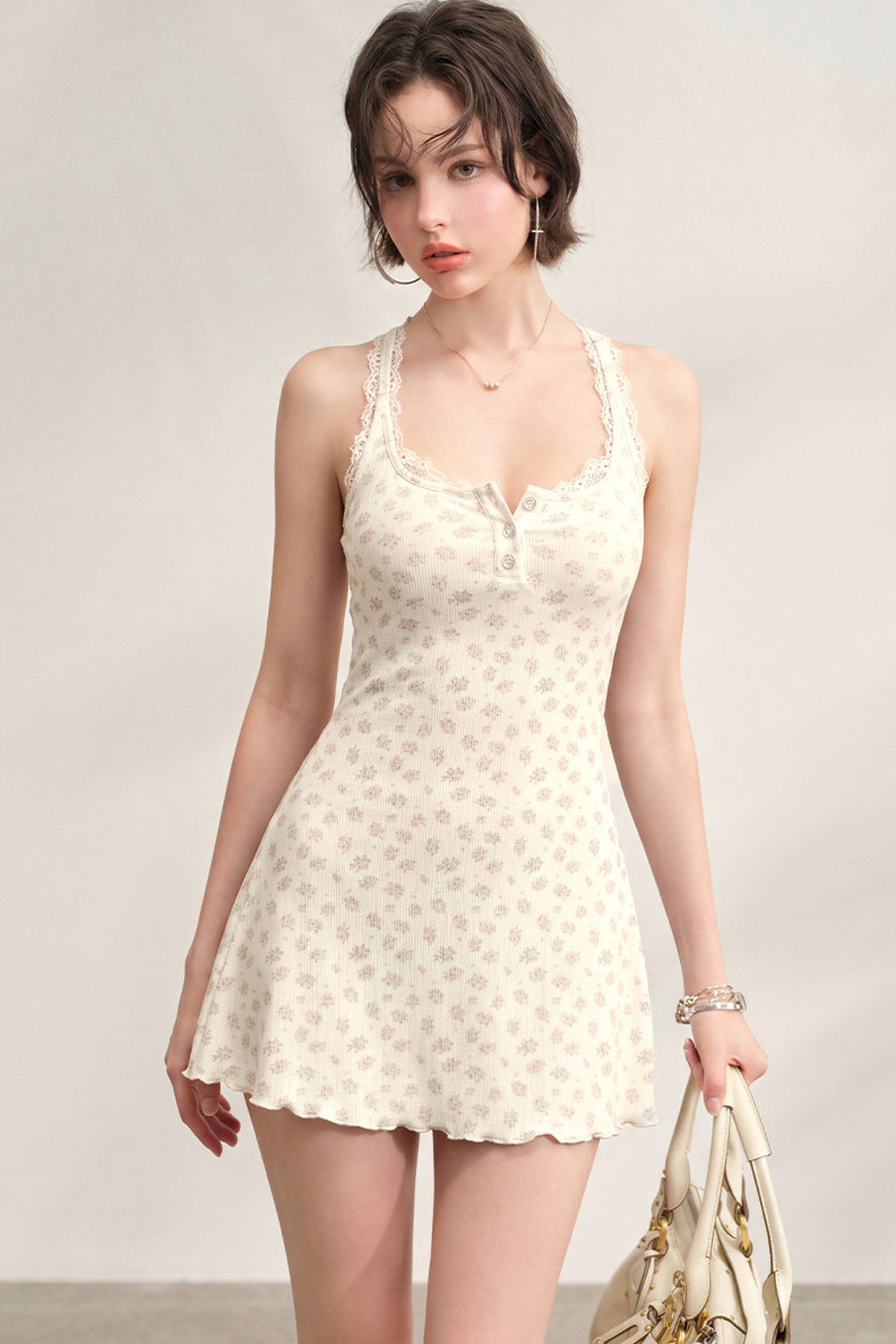 Ribbed Lace Vest Dress with Cardigan Set-Up