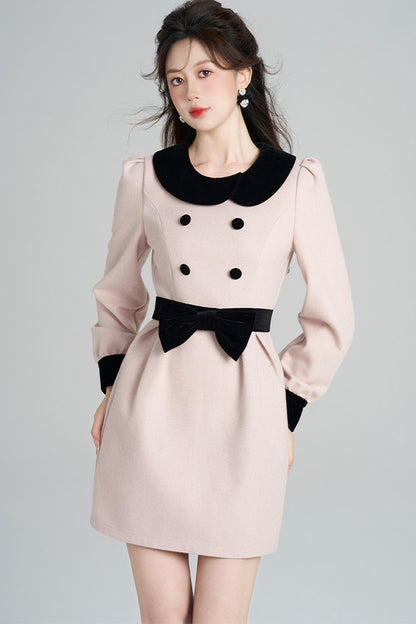 Pink Woolen Cinched Waist Dress