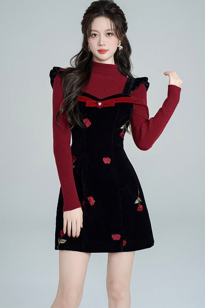 Rose Velvet Strap Dress Set-Up