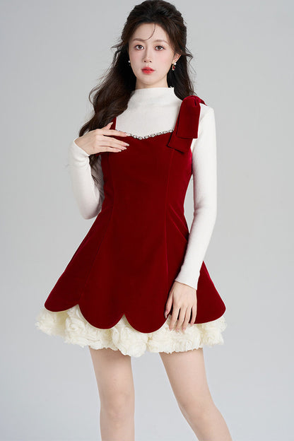 Red Velvet Dress and White Top Set-Up